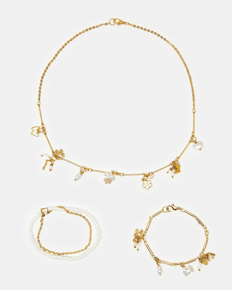 REDTAG Girls Gold Embellished Necklace & Bracelets (3 Piece)