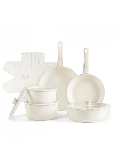 CAROTE 15pcs Pots and Pans Set, Ceramic Cookware Set Detachable Handle, Induction Nonstick Kitchen Cookware Sets with Removable Handle, Non Stick RV Cookware Set, Oven Safe Cookware Set, Cream White
