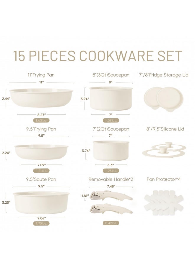 CAROTE - CAROTE 15pcs Pots and Pans Set, Ceramic Cookware Set Detachable Handle, Induction Nonstick Kitchen Cookware Sets with Removable Handle, Non Stick RV Cookware Set, Oven Safe Cookware Set, Cream White - Image 1
