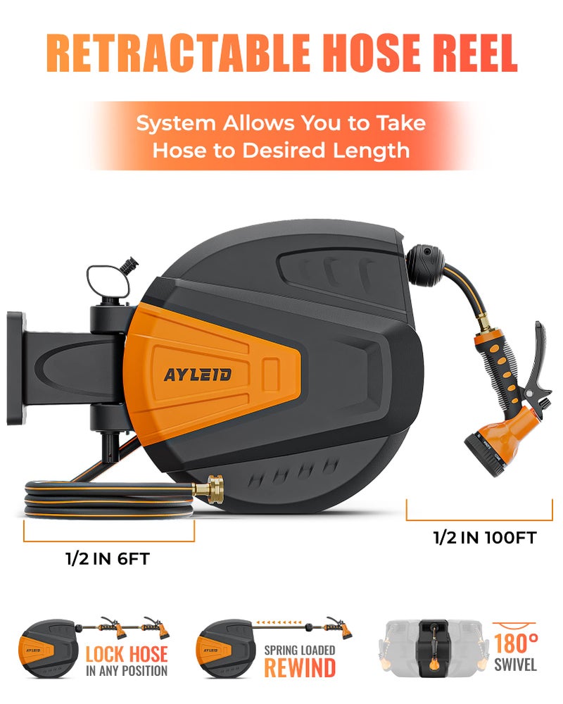 Ayleid Retractable Garden Hose Reel,1/2 in x 100 ft Wall Mounted Hose Reel, with 9- Function Sprayer Nozzle, Any Length Lock/Slow Return System/Wall Mounted/180°Swivel Bracket (Black) - Image 2