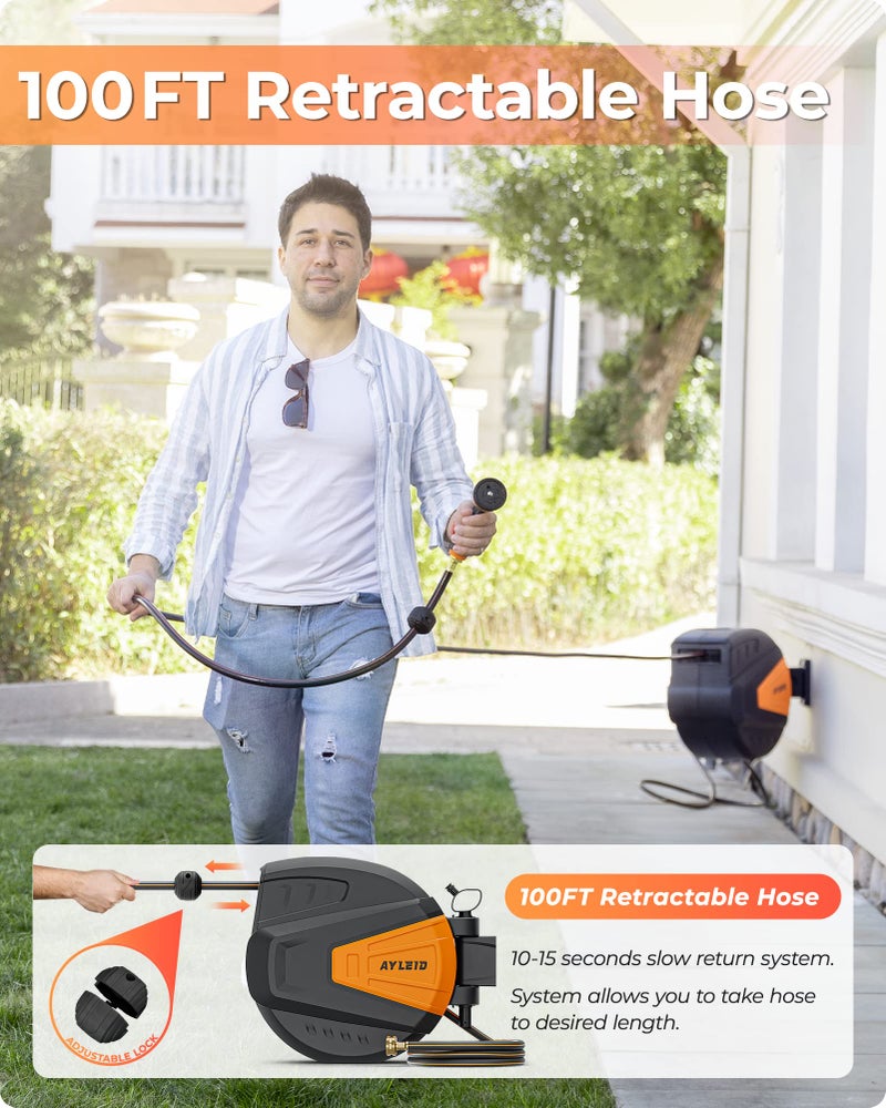 Ayleid Retractable Garden Hose Reel,1/2 in x 100 ft Wall Mounted Hose Reel, with 9- Function Sprayer Nozzle, Any Length Lock/Slow Return System/Wall Mounted/180°Swivel Bracket (Black) - Image 3