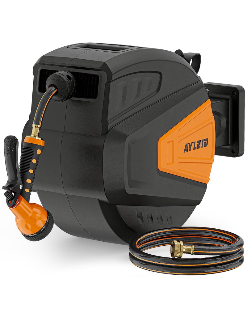 Ayleid Retractable Garden Hose Reel,1/2 in x 100 ft Wall Mounted Hose Reel, with 9- Function Sprayer Nozzle, Any Length Lock/Slow Return System/Wall Mounted/180°Swivel Bracket (Black) - Image 1