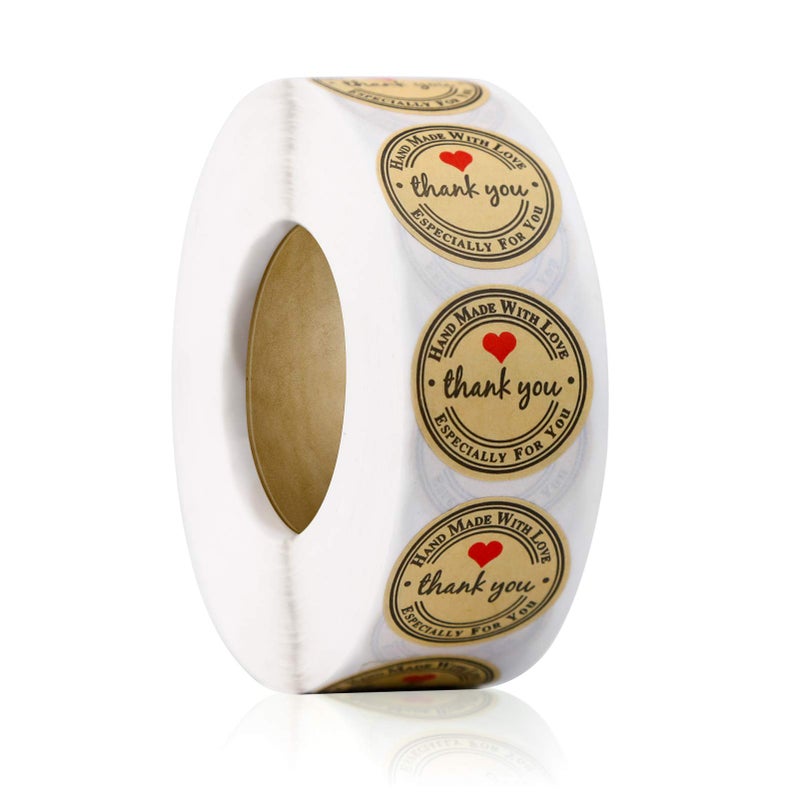 YOGET 500pcs YOGET 1.5 Inch Round Handmade with Love Sticker,Thank You Stickers Roll Kraft Paper Strong Adhesive Stickers - Image 1
