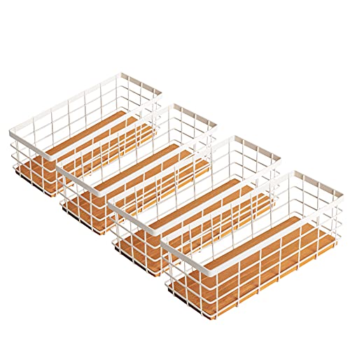 TIEYIPIN Small Metal Wire Storage Basket, Detachable Wood Base Storage Organizer Bin Basket for Kitchen Cabinets, Bathroom, Pantry, Garage, Laundry Room (Cream White, 4 Pack) - Image 1
