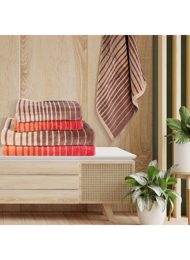 White Rose - 4 Piece Bathroom Towel Set BOUNDRY 450 GSM 100% Cotton Velour 2 Bath Towel 70x140 cm & 2 Hand Towel 50x90 cm Red & Brown Color Modern Stripe Design Luxury Touch Extra Absorbent - Image 1