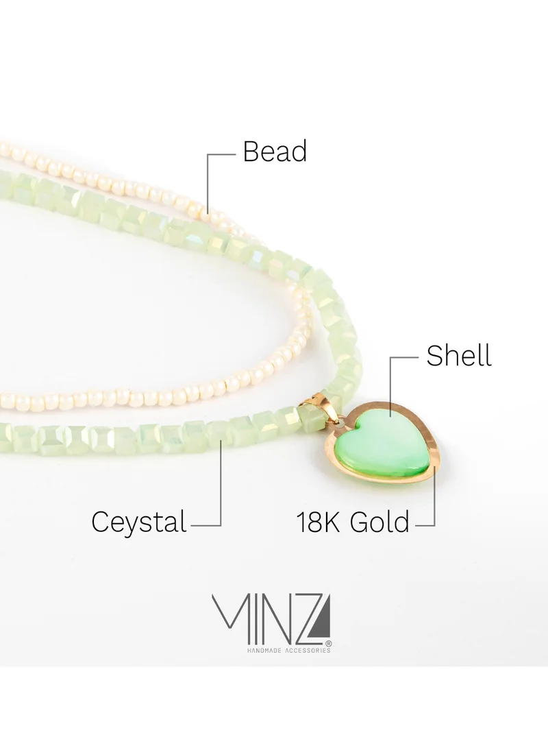 Minza  Minza “Pastella” Women’s Necklace, Pure 18K Gold Heart Pendant, Czech Seed Beads, Crystals & Green Shell, Handmade Beaded Necklace for Women, Jewelry for Casual & Special Occasion for Women | Best Price UAE