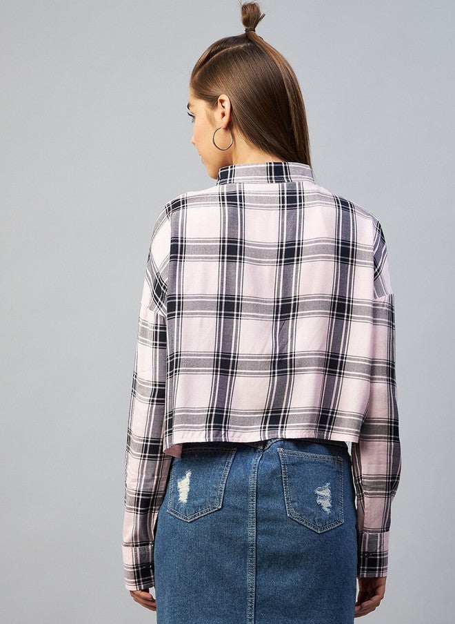 CHIMPAAANZEE Women Pink Boxy Tartan Checked Casual Shirt - Image 4