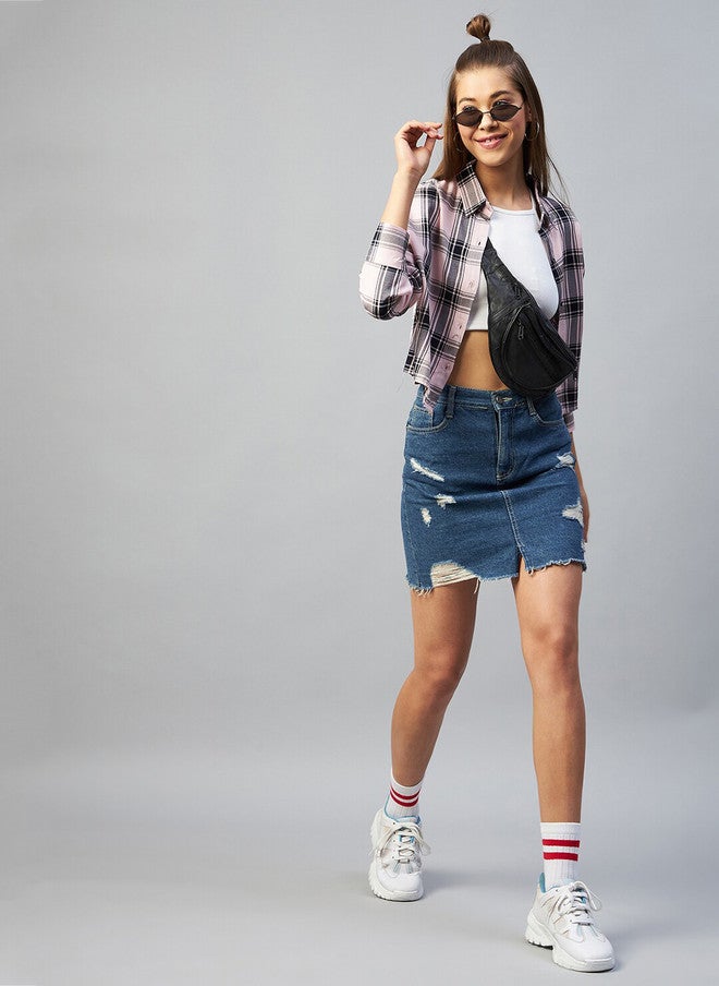 CHIMPAAANZEE Women Pink Boxy Tartan Checked Casual Shirt - Image 5