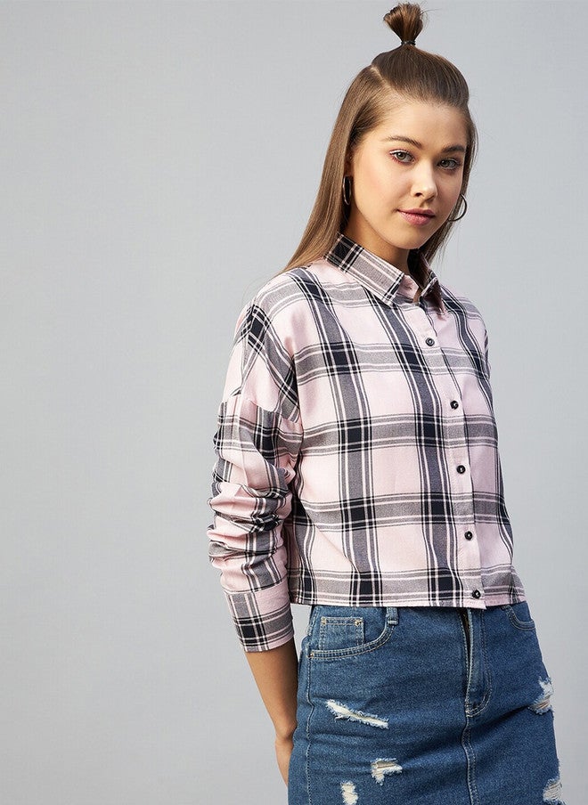 CHIMPAAANZEE Women Pink Boxy Tartan Checked Casual Shirt - Image 1