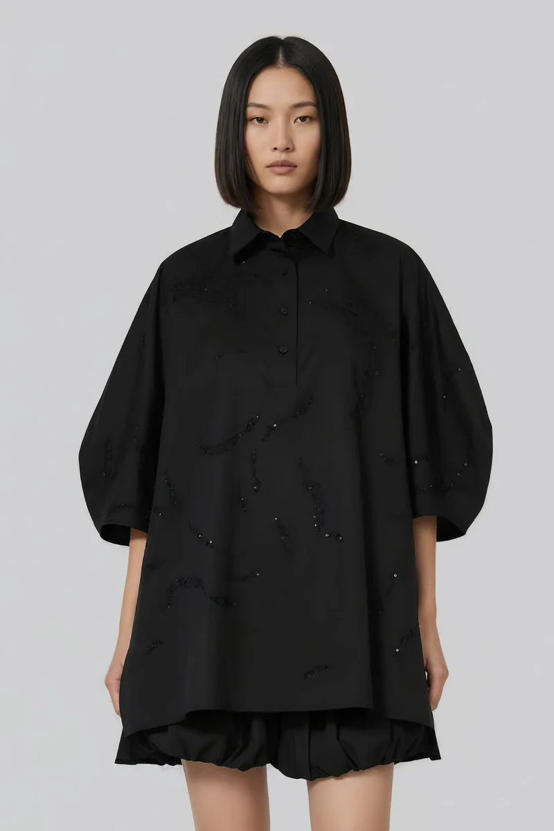 Genes Lecoanet Hemant Black Embroidered Oversized Shirt