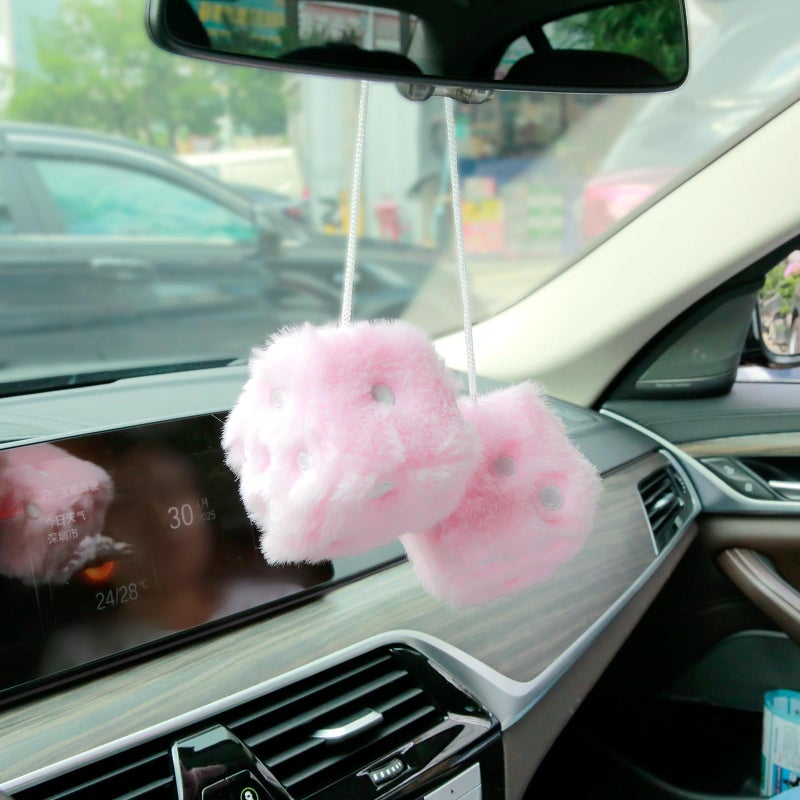 YGMONER Pink Fuzzy Dice for Car Rear View Mirror, Pair of 2.75" Plush Dice Retro Hanging Ornaments Car Interior Rearview Mirror Decor Accessories (Soft Pink with Embroidered Dots) - Image 2