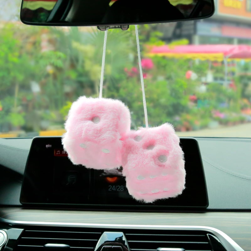 YGMONER Pink Fuzzy Dice for Car Rear View Mirror, Pair of 2.75" Plush Dice Retro Hanging Ornaments Car Interior Rearview Mirror Decor Accessories (Soft Pink with Embroidered Dots) - Image 4