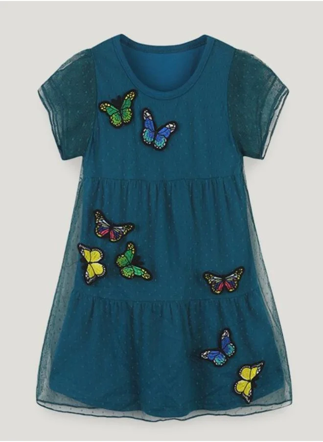 YUNIQEE Teal A-Line Crew Neck Printed Dress