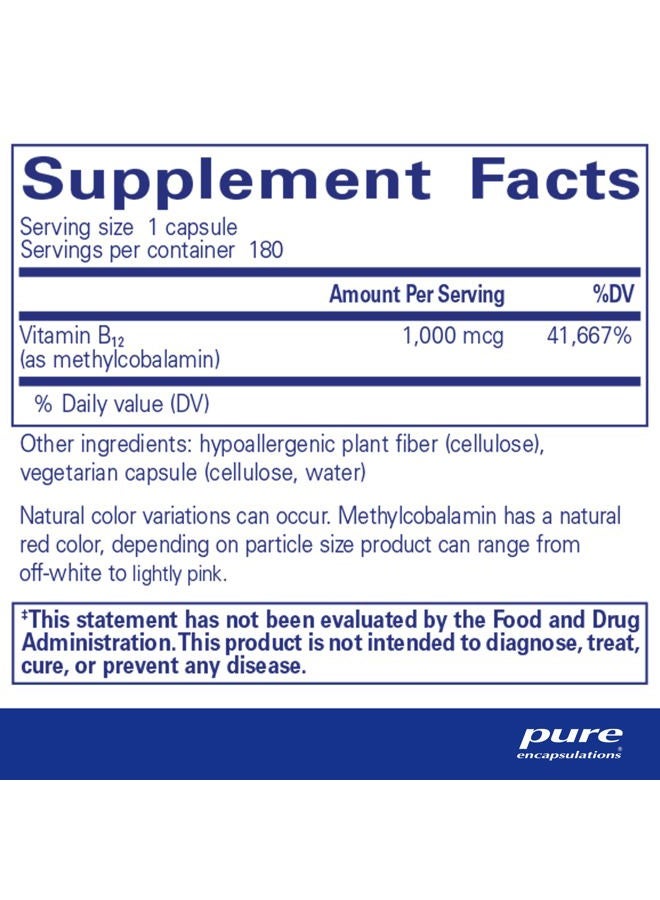 Pure Encapsulations Methylcobalamin 1,000 mcg - Vitamin B12 Supplement to Support Memory & Nerve Health - Premium Vitamin B12 Capsules - 180 Capsules - Image 2
