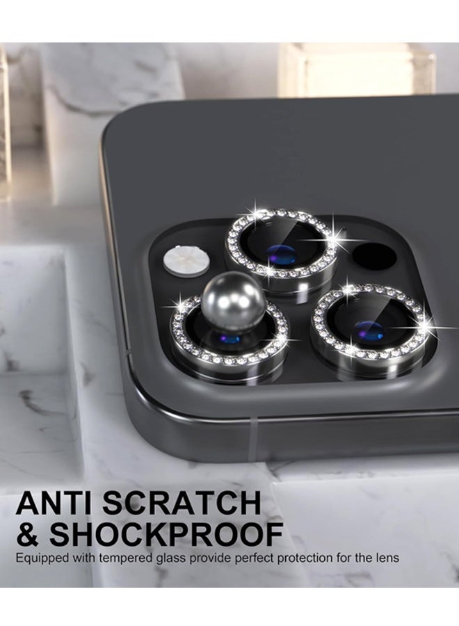 Compatible for iPhone 16 Pro/iPhone 16 Pro Max Camera Lens Protector Bling,Tempered Glass Camera Cover Screen Protector Metal Ring Decoration Accessories (Diamond-Black) - Image 2