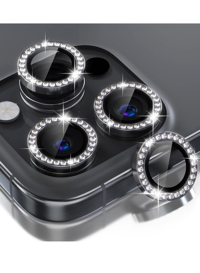 Compatible for iPhone 16 Pro/iPhone 16 Pro Max Camera Lens Protector Bling,Tempered Glass Camera Cover Screen Protector Metal Ring Decoration Accessories (Diamond-Black) - Image 1