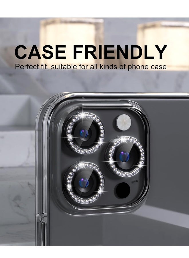 Compatible for iPhone 16 Pro/iPhone 16 Pro Max Camera Lens Protector Bling,Tempered Glass Camera Cover Screen Protector Metal Ring Decoration Accessories (Diamond-Black) - Image 3