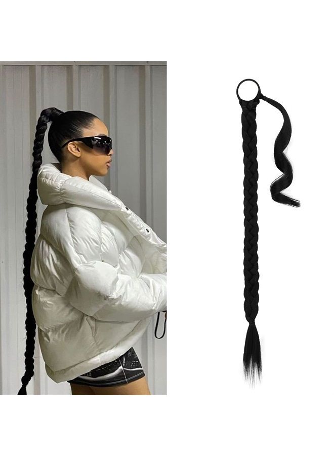 BARSDAR إكستنشن ذيل حصان مضفر بطول 26 إنش مع رباط شعر، إكستنشن شعر مستقيم، ذيل حصان، قطعة شعر صناعية ناعمة وطبيعية للنساء - أسود داكن - Image 1