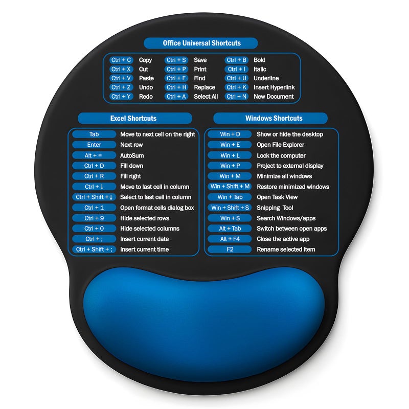 Senetem Mouse Pad with Wrist Rest - Ergonomic Memory Foam Support, Small Cute Excel Cheat Sheet Mousepad with Windows & Office Shortcuts, Non-Slip PU Base, for Computer Desk Laptop Travel, Black Blue - Image 1