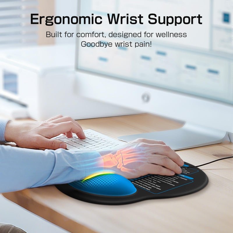 Senetem Mouse Pad with Wrist Rest - Ergonomic Memory Foam Support, Small Cute Excel Cheat Sheet Mousepad with Windows & Office Shortcuts, Non-Slip PU Base, for Computer Desk Laptop Travel, Black Blue - Image 2
