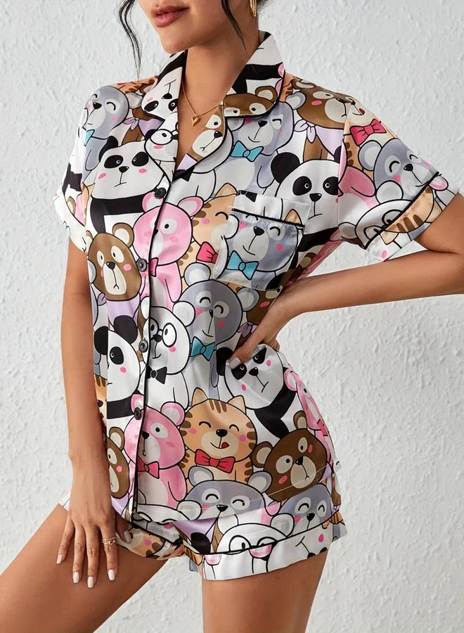 تايك تو Multi-Color Graphic Print Shirt and Shorts Pajama Set
