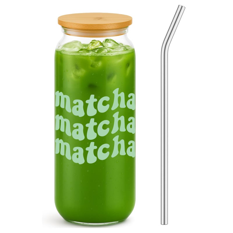 LemonRoad Matcha Glass Cups with Bamboo Lid and Glass Straw 16 oz Drinking Cup with Cleaning Brush for Women Matcha Lovers Valentines Birthday Party Gift - Image 2