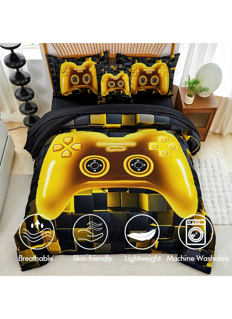 PERFEMET PERFEMET 6 Pieces Queen Bed in A Bag Gamer Black and Gold Boys Comforter Set with Sheets Soft Fluffy 3D Cool Video Game Kids Bedding Set for Teen Girls(Gold  Queen)  - Image 4