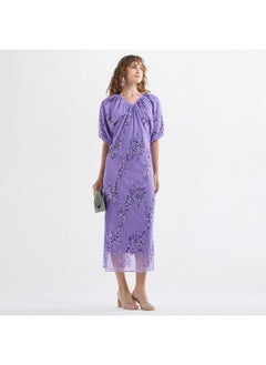 FAV Sequinned Midi Dress with Short Puff Sleeves and V-neck  - Image 1