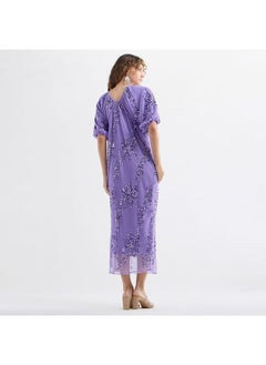 FAV Sequinned Midi Dress with Short Puff Sleeves and V-neck  - Image 3