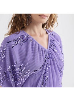 FAV Sequinned Midi Dress with Short Puff Sleeves and V-neck  - Image 4