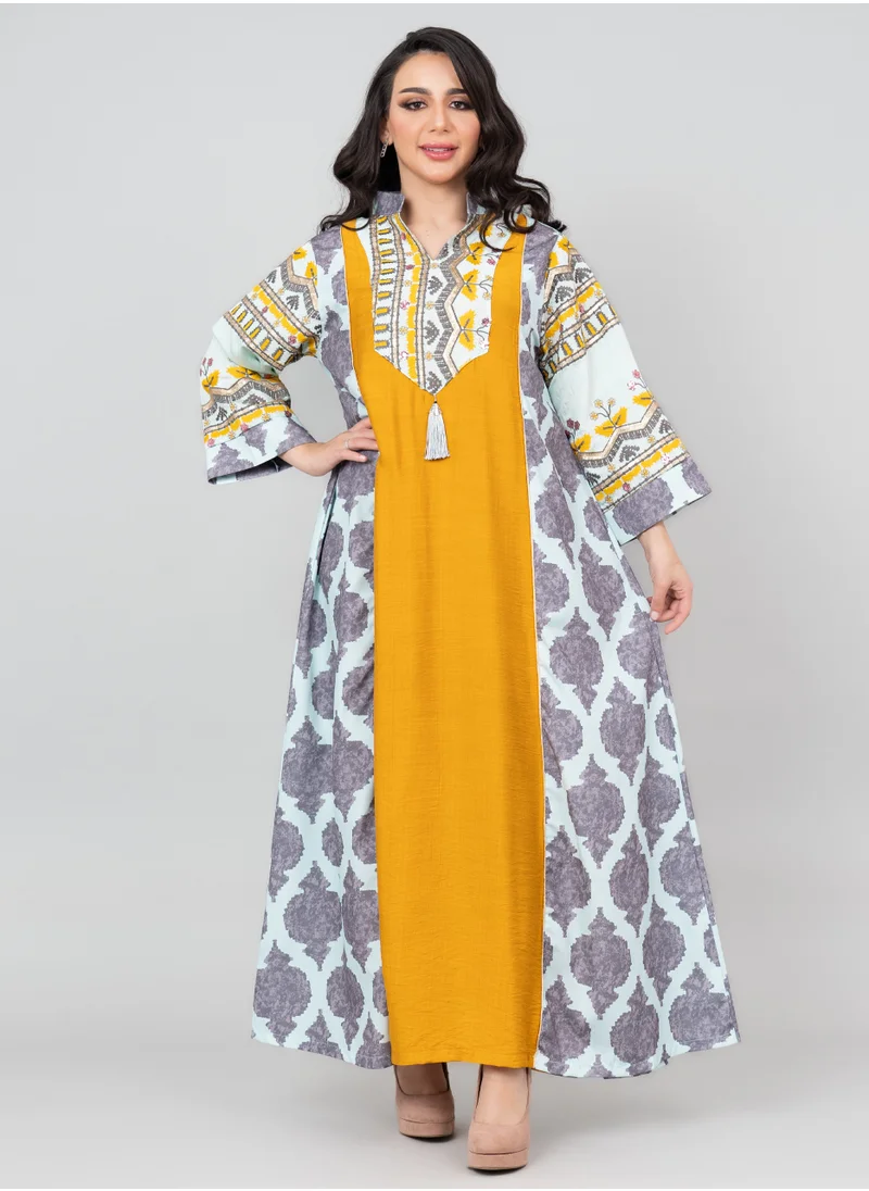 IKKXA Embroidered Solid Jalabiya with Stylish Mandarin Collar IK3002 Turquoise