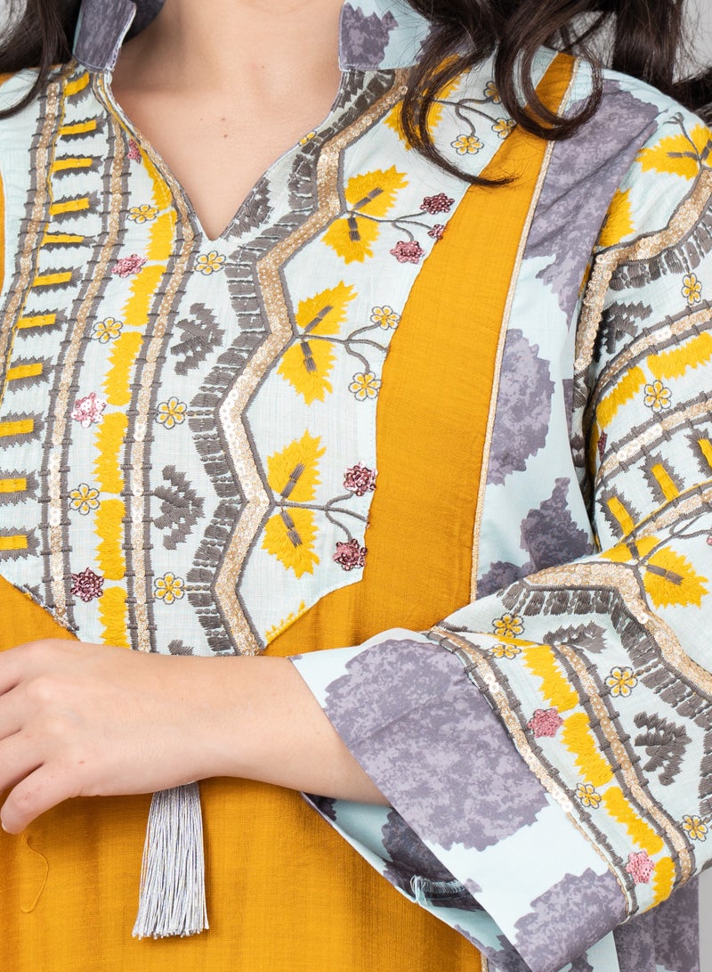 اكسا جلابية مطرزة سادة بياقة ماندرين أنيقة تركواز - Image 2