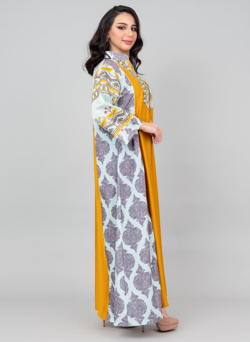 اكسا جلابية مطرزة سادة بياقة ماندرين أنيقة تركواز - Image 3