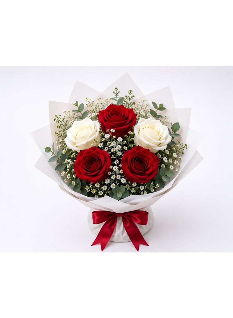 Stem Red & White Rose Bouquet with Baby’s Breath