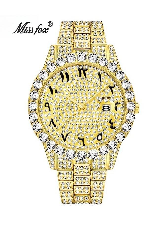 MISS FOX Luxury Full Diamond Men's Large Dial Hip-Hop Watch Fashion Trend Waterproof Stainless Steel Strap Mineral Glass Mirror Calendar Function Luminous Display - Image 1