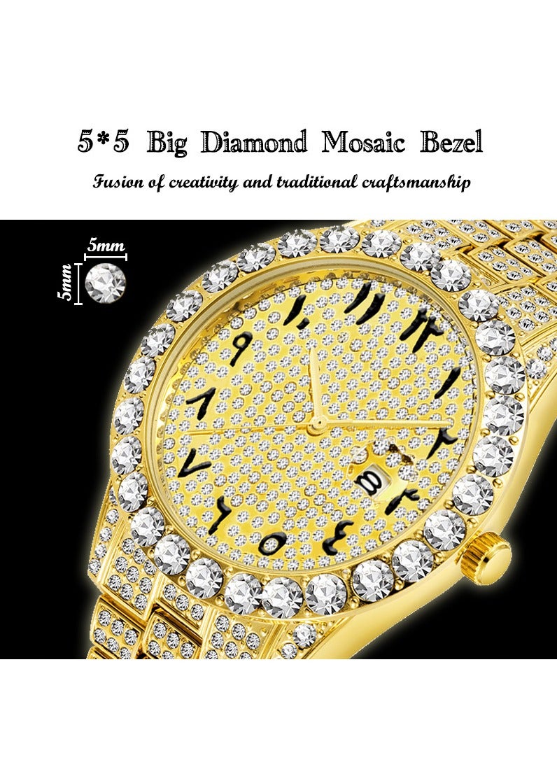 MISS FOX Luxury Full Diamond Men's Large Dial Hip-Hop Watch Fashion Trend Waterproof Stainless Steel Strap Mineral Glass Mirror Calendar Function Luminous Display - Image 3