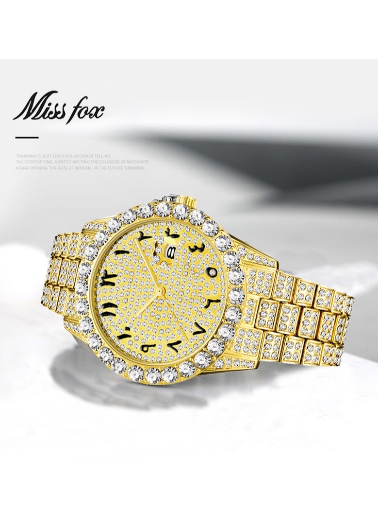 MISS FOX Luxury Full Diamond Men's Large Dial Hip-Hop Watch Fashion Trend Waterproof Stainless Steel Strap Mineral Glass Mirror Calendar Function Luminous Display - Image 2