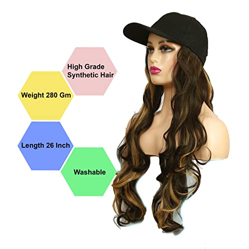 Paradise 26 Inch Long Curly/Wavy Cap Wig for Women & Girls | Matte Finish | Adds Instant Hair Volume & Length | Lightweight & Natural Look | Heat Resistant Synthetic Hair (Black Golden highlights) - Image 4