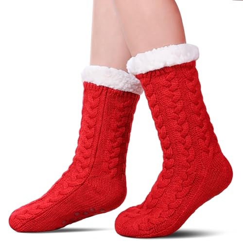SDBING Women's Winter Super Soft Warm Cozy Fleece Lined Fuzzy Slipper Socks with Grippers (Red, 6-10) - Image 1