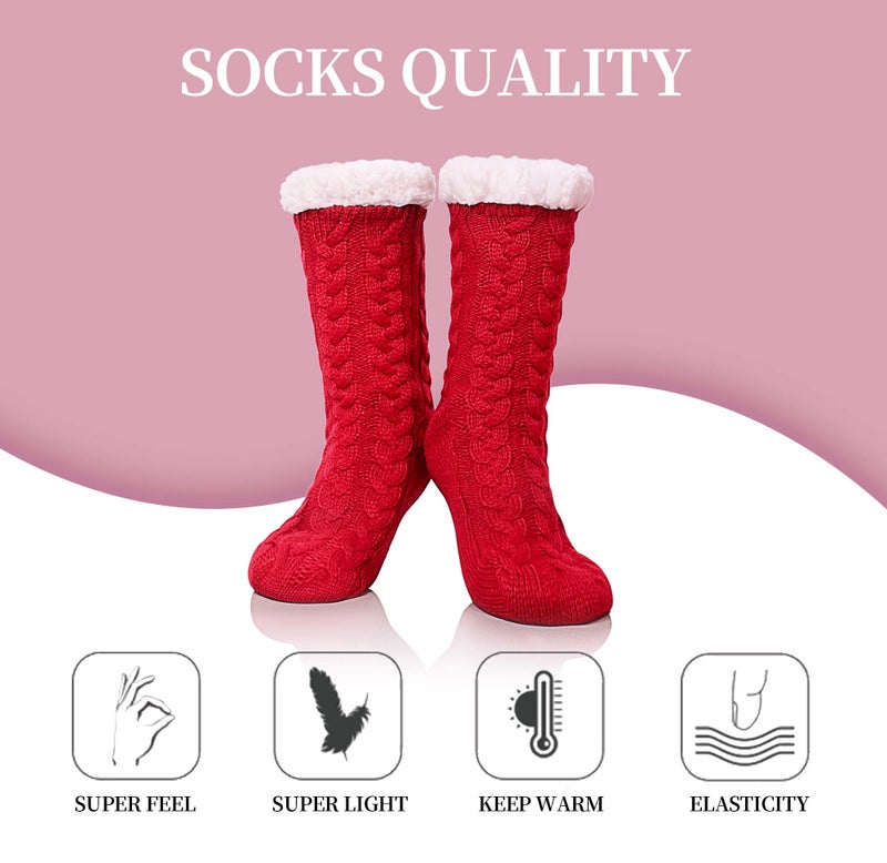 SDBING Women's Winter Super Soft Warm Cozy Fleece Lined Fuzzy Slipper Socks with Grippers (Red, 6-10) - Image 4