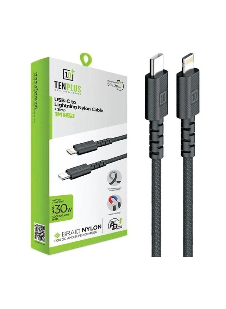 tenplus Type-C to Lightning Nylon Cable – 1m Fast Charging & Data Transfer