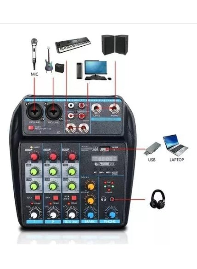Upgraded 4-channel mixer, DJ mixing console with Bluetooth, 48V phantom power, karaoke system USB mixer audio, suitable for self-media - Image 1
