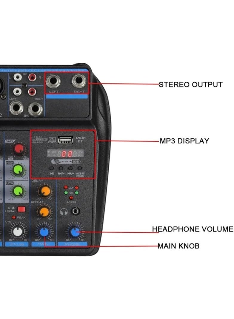 Upgraded 4-channel mixer, DJ mixing console with Bluetooth, 48V phantom power, karaoke system USB mixer audio, suitable for self-media - Image 5