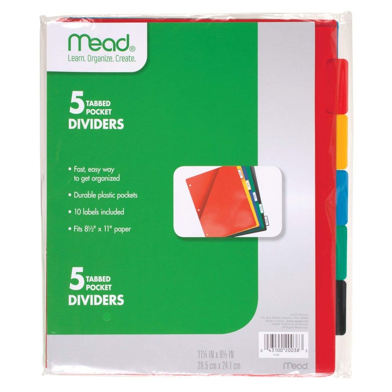 Mead Tab Dividers with Pocket, 3 Hole Punch, Fits 3 Ring Binder, Assorted Colors, 5 Pack (20038) - Image 1