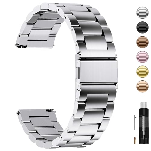 Fullmosa Stainless Steel Watch Band 16mm 18mm 19mm 20mm 22mm 24mm Quick Release Metal Replacement Strap with Removable Links Includes Spring Bars Link Removal Tool for Men Women 22mm Silver - Image 1