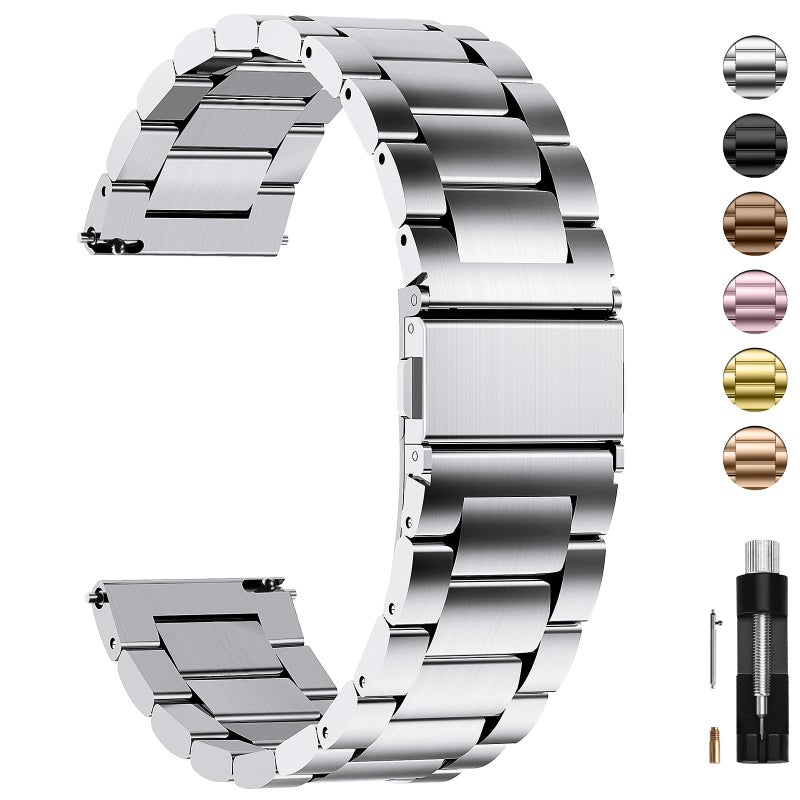 Fullmosa Stainless Steel Watch Band 16mm 18mm 19mm 20mm 22mm 24mm Quick Release Metal Replacement Strap with Removable Links Includes Spring Bars Link Removal Tool for Men Women 22mm Silver - Image 2