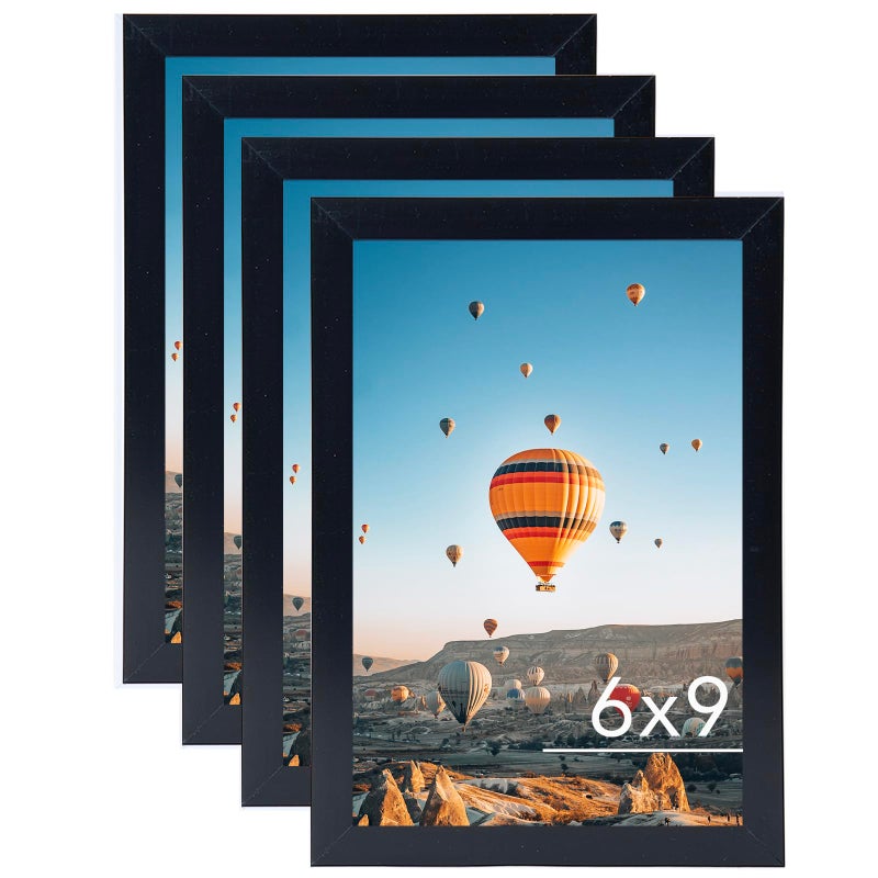 JCJMY 6x9 Picture Frame Set of 4 Black for Wall Hanging or Tabletop Wall Mounting Horizontally or Vertically 6 x 9 Wall Gallery Poster Photo Frames for 6 by 9 Photo4 Pack Black