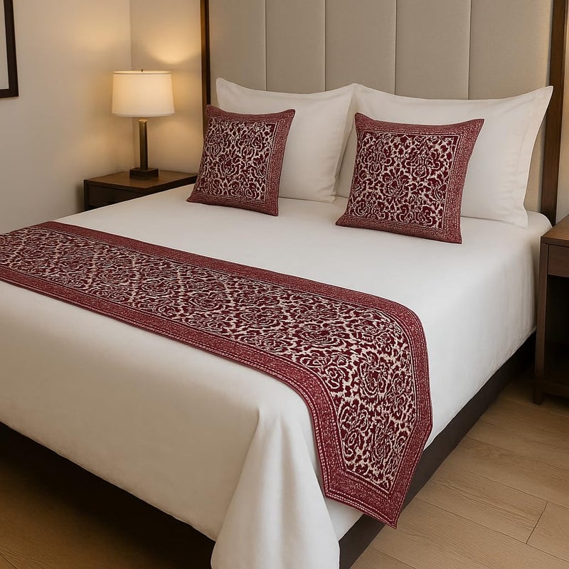 Kingly Décor Bed Runner Set with 2 Cushion Covers (16x16) – Hotel-Style, Colorfast & Machine-Washable – Fits Queen/King – Cocoa Brown Damask (Pattern) - Image 1