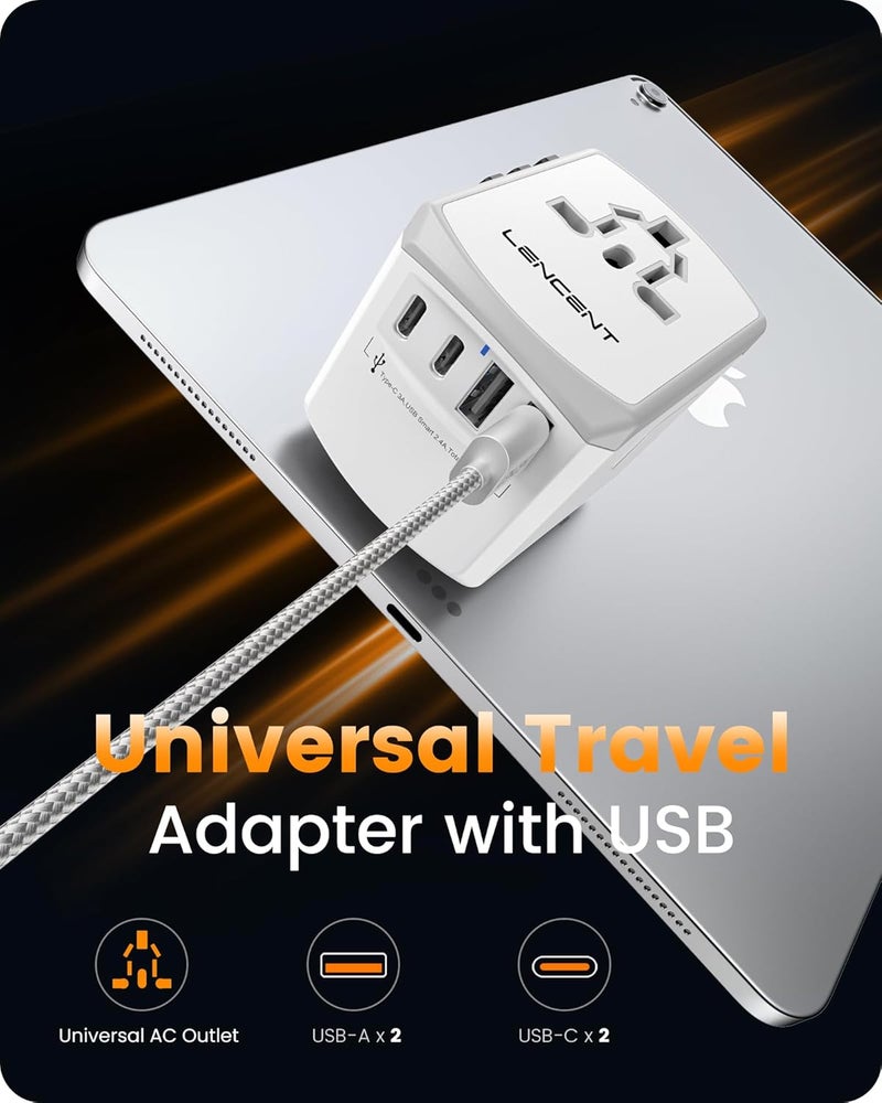 Lencent Universal Travel Power Adapter, International AC Plug Adaptor with 2 USB C 2 USB A Ports Wall Charger Worldwide Travel Essentials for US to EU UK Ireland Australia (Type C/G/A/I), White - Image 3