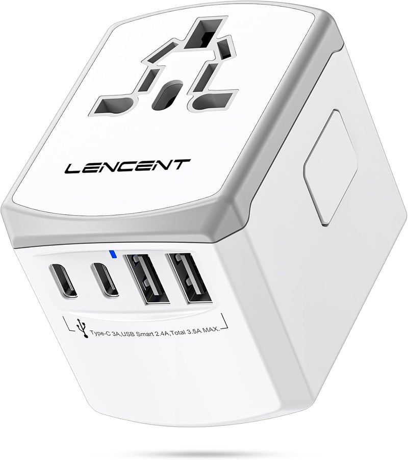 Lencent Universal Travel Power Adapter, International AC Plug Adaptor with 2 USB C 2 USB A Ports Wall Charger Worldwide Travel Essentials for US to EU UK Ireland Australia (Type C/G/A/I), White - Image 1